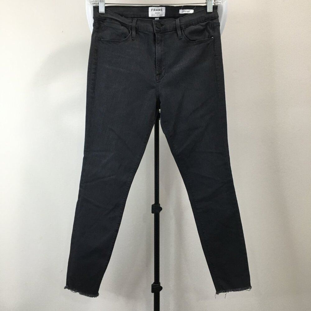 FRAME Denim 5Pocket Logo Hardware Quinn Le High Rise Waist Fray Hem Skinny Jeans